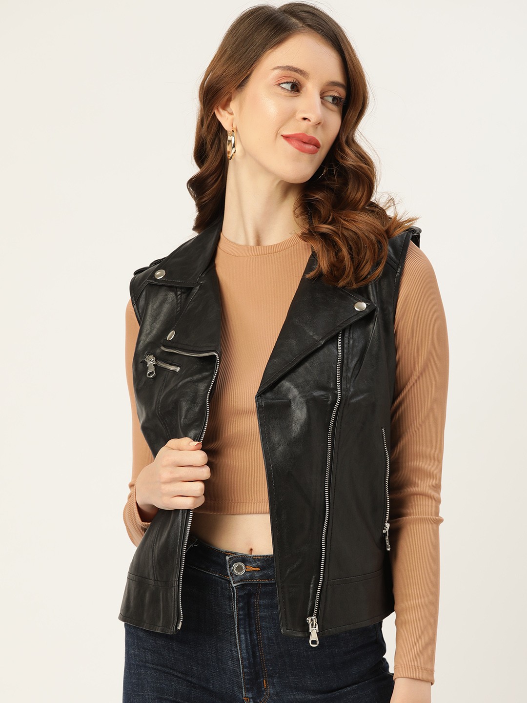 

Leather Retail Women Lapel Collar Solid PU Casual Biker Jacket, Black