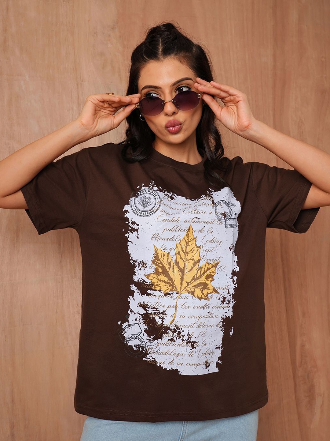 

The Roadster Lifestyle Co. Women Graphic Printed Round Neck Cotton Oversized T-shirt, Brown