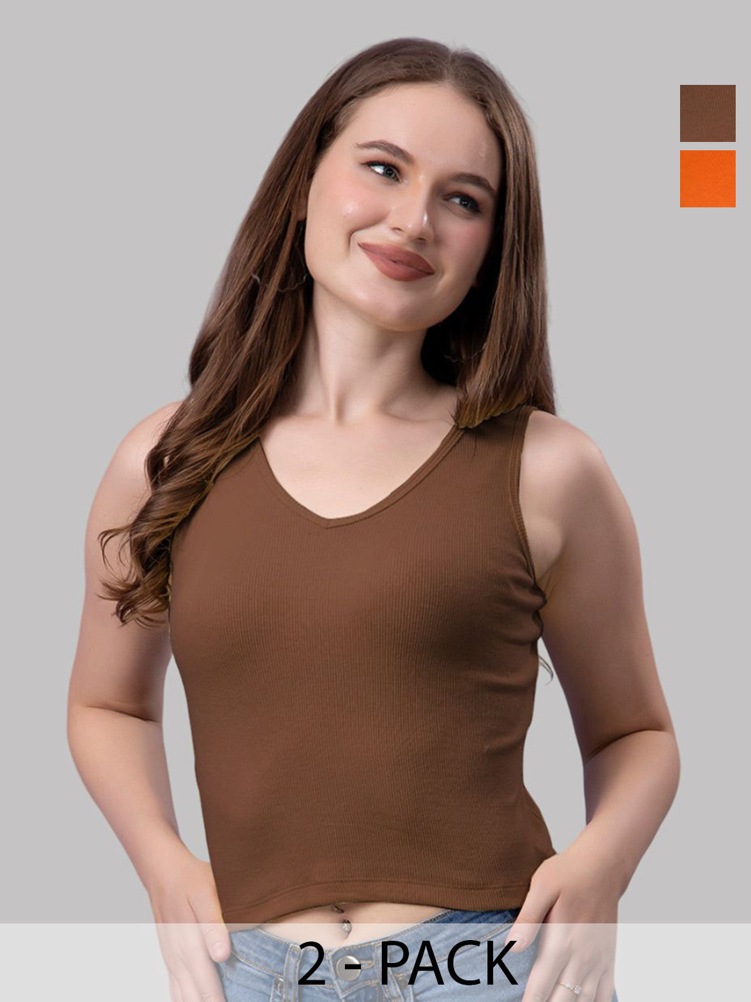 

Friskers Women Pack Of 2 Solid V-Neck Cotton Tops, Orange