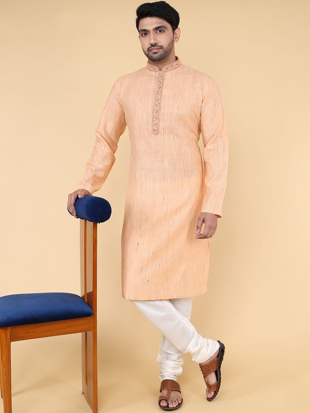 

ZOIS Striped Mandarin Collar Pure Cotton Kurta With Churidar, Orange