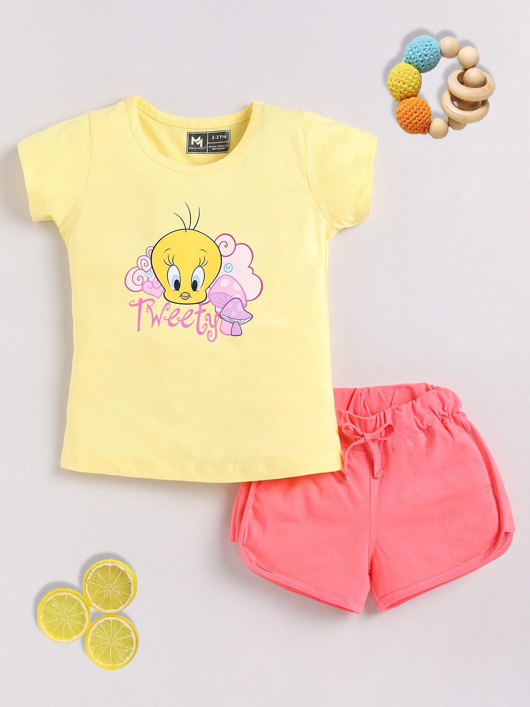 

YK X Minute Mirth Infant Girls Tweety Printed Pure Cotton T-shirt & Shorts, Yellow