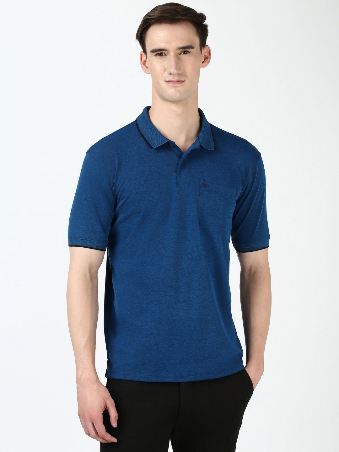 

Peter England Men Self Design Polo Collar Cotton T-shirt, Navy blue