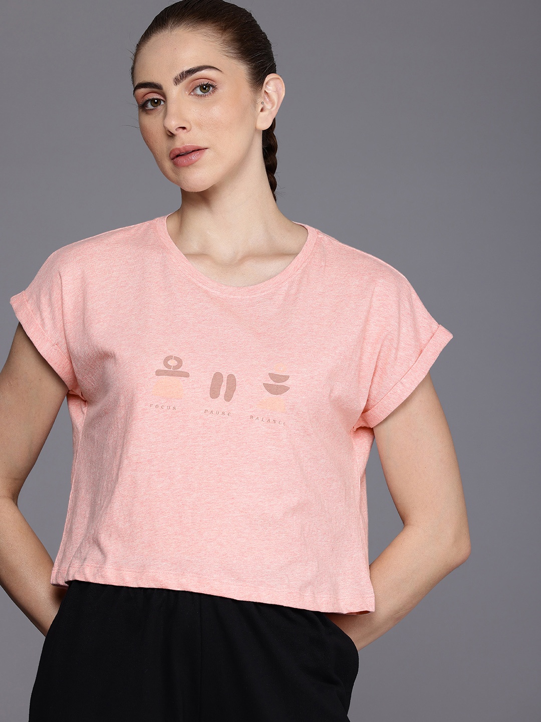 

HRX by Hrithik Roshan Relaxed Boxy Fit Pure Cotton Printed Extended Sleeves Yoga T-shirt, Peach