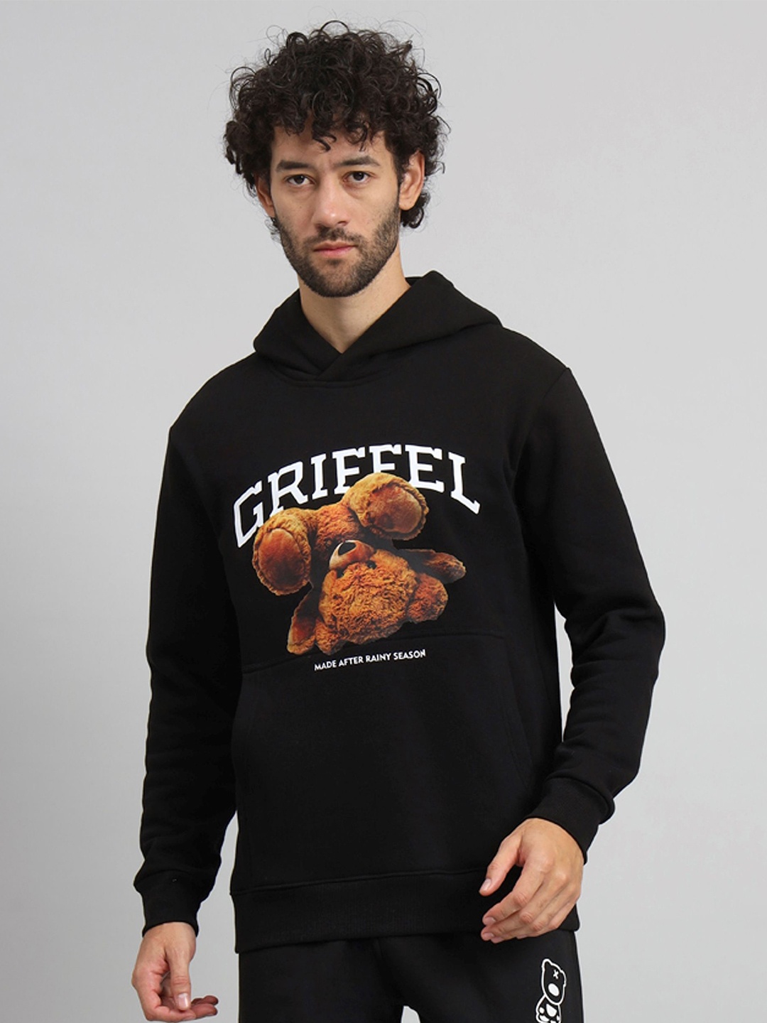 

GRIFFEL Men Graphic Printed Hood Fleece Pullover Sweatshirt, Black