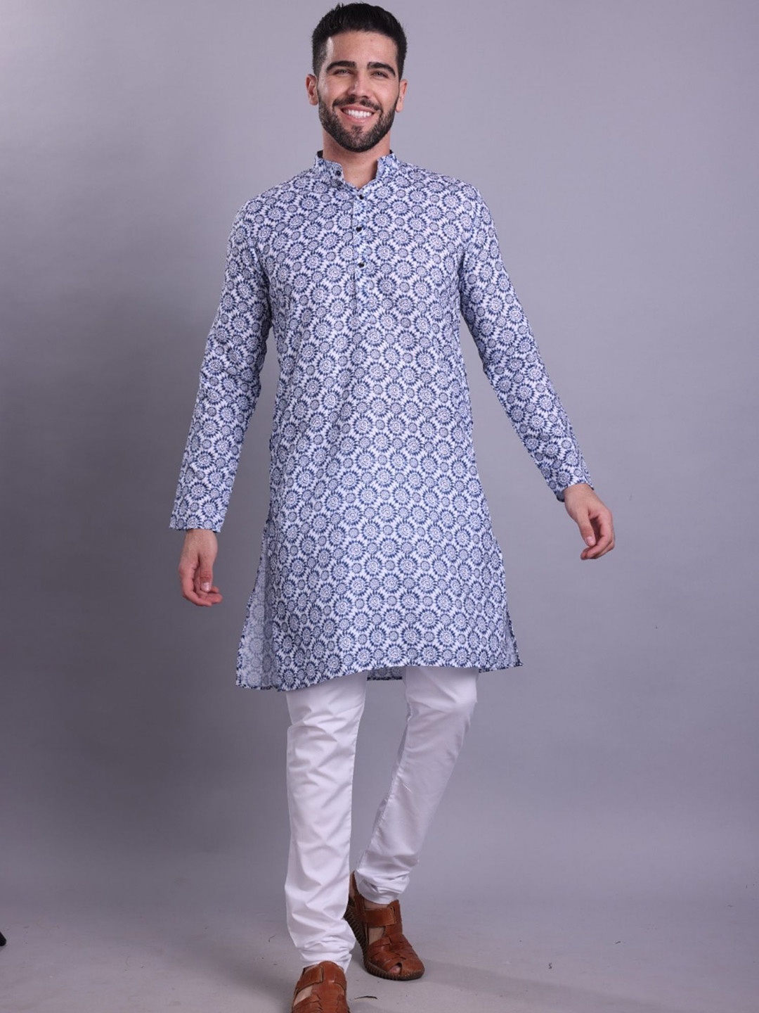 

ENCINO Tie & Dyed Mandarin Collar Cotton Straight Kurta, Navy blue
