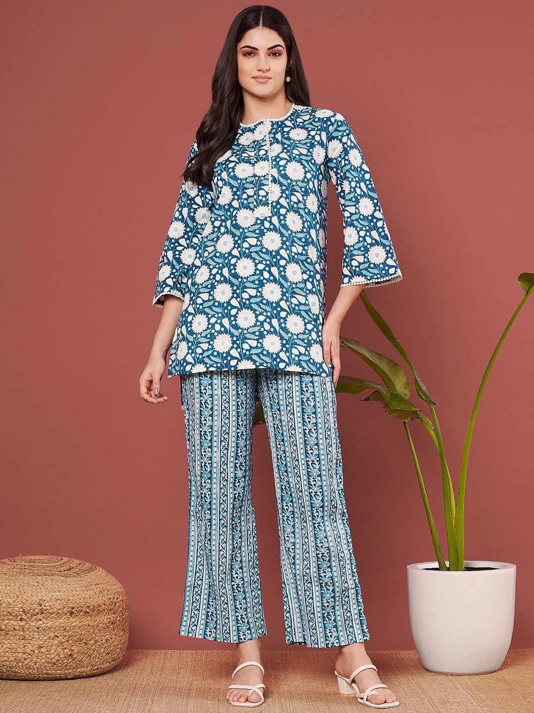 

ETC Printed Pure Cotton Top With Palazzo, Blue