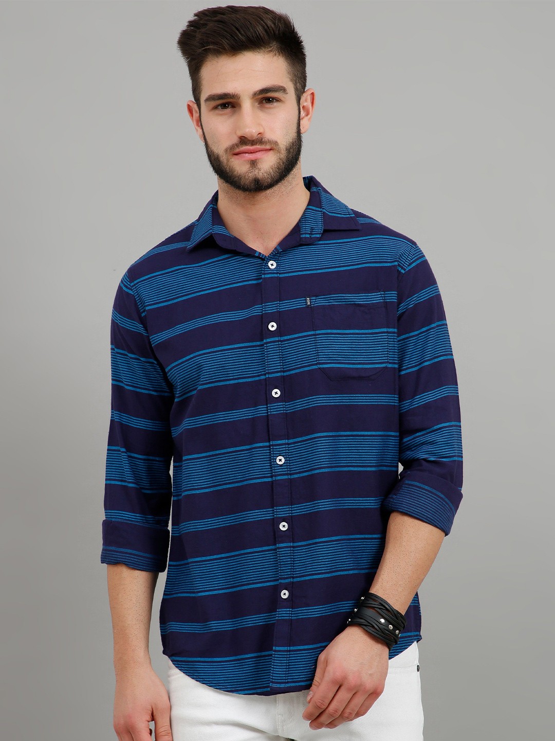 

Rope Men Standard Spread Collar Horizontal Striped Cotton Slim Fit Casual Shirt, Blue