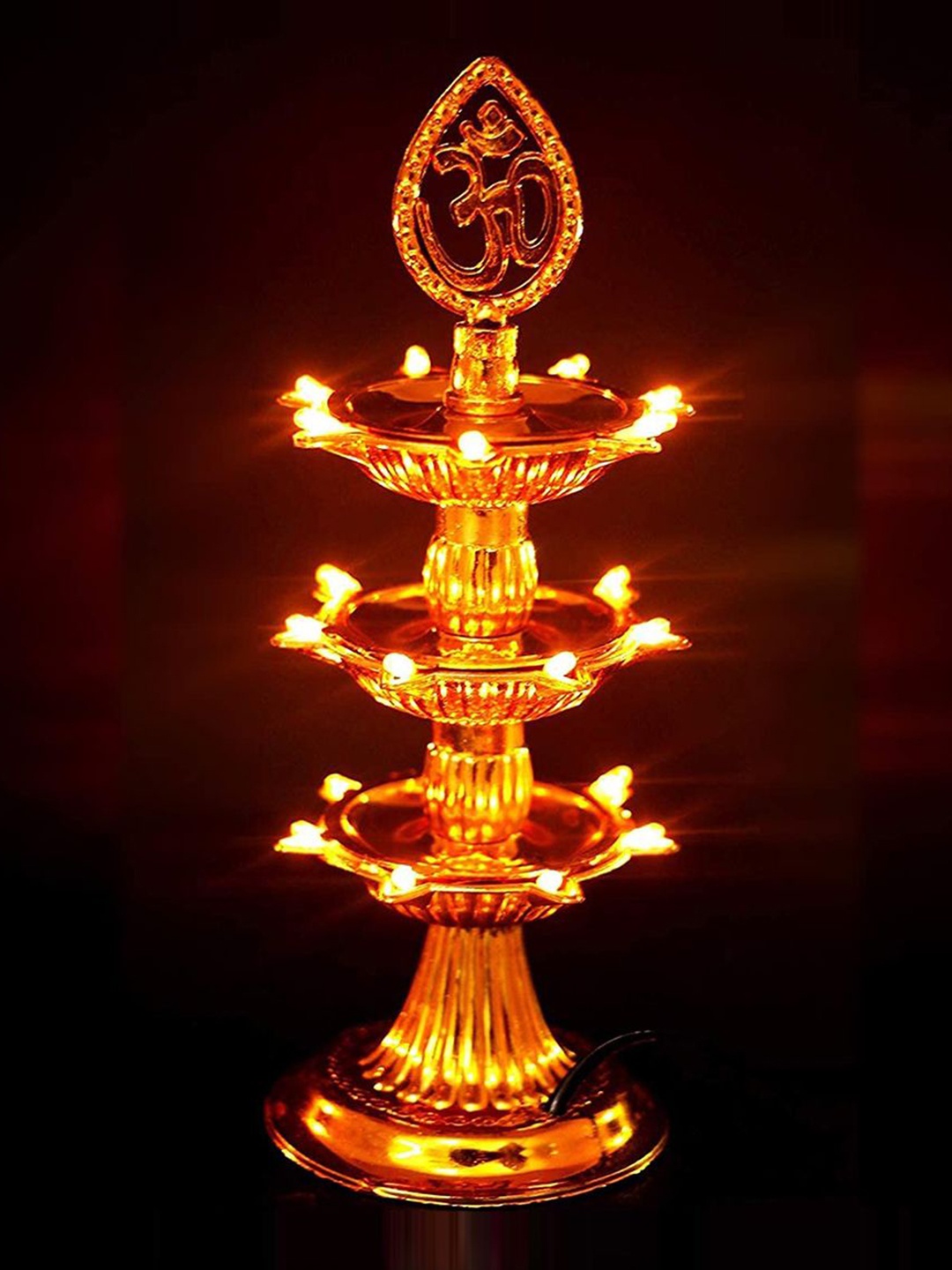 

Kuber Industries Gold Toned 2 Pieces LED 3-Layer Diya Stand for Mandir With Om Design