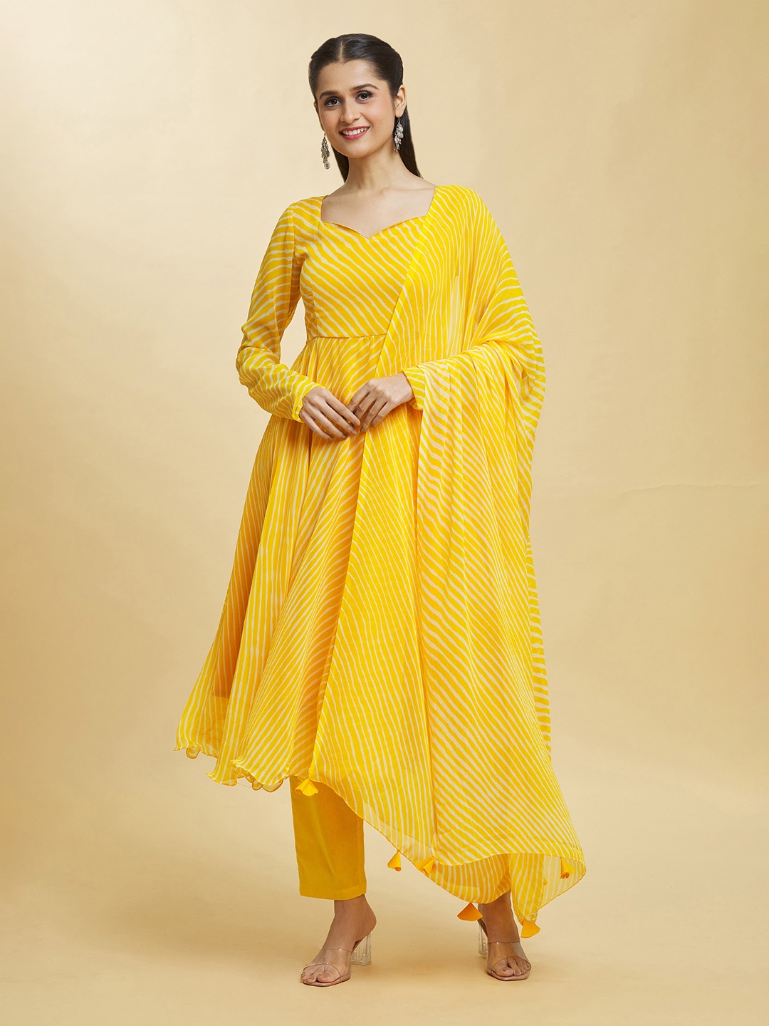 

Samyukta Singhani Striped Silk Georgette Anarkali Kurta with Trousers & Dupatta, Yellow