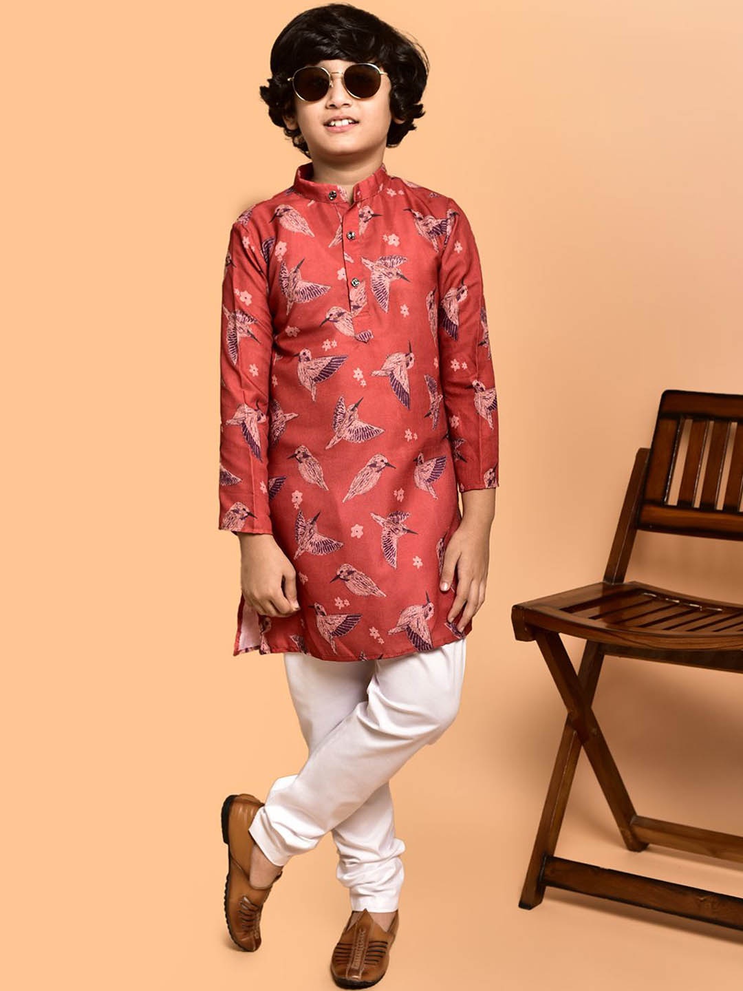 

PRINTCULTR Boys Printed Band Collar Cotton Straight Kurta, Red
