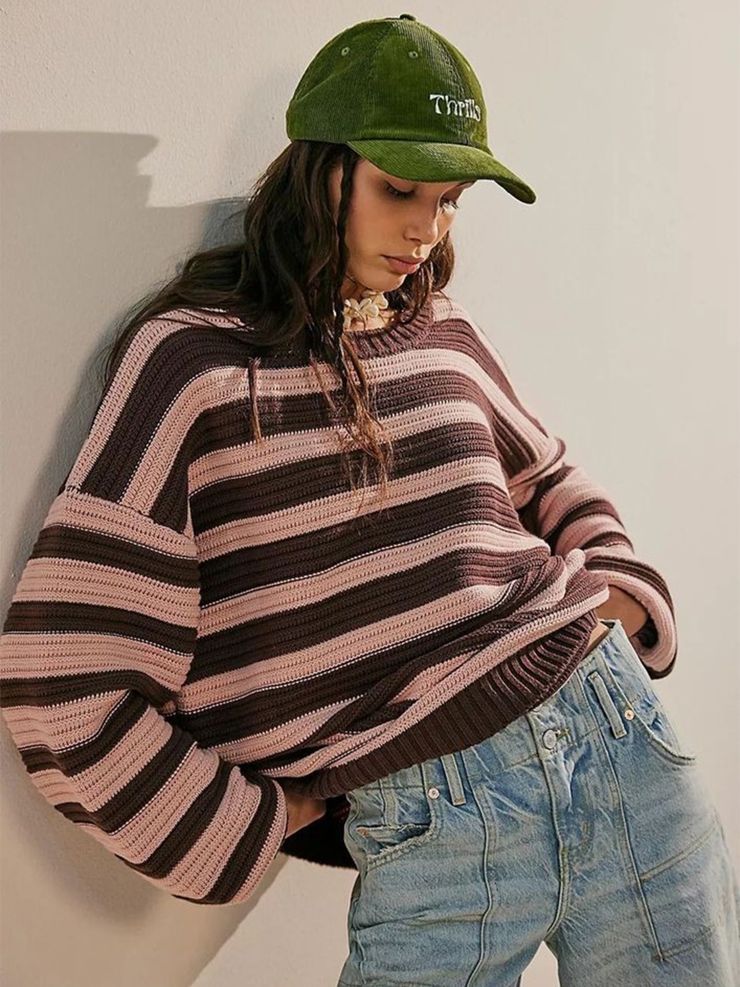

LULU & SKY Women Striped Round Neck Pullover Sweater, Brown