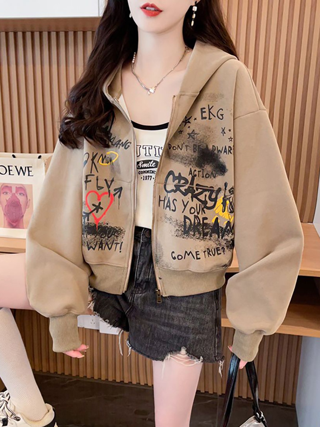 

StyleCast x Revolte Women Hooded Typography Printed Cotton Casual Open Front Jacket, Coffee brown