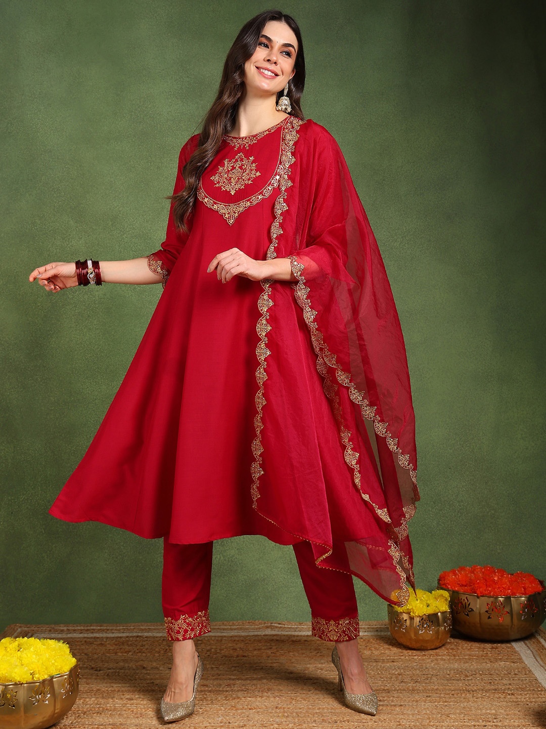 

AHIKA Floral Embroidered Zari Empire Anarkali Kurta with Trousers & Dupatta, Pink
