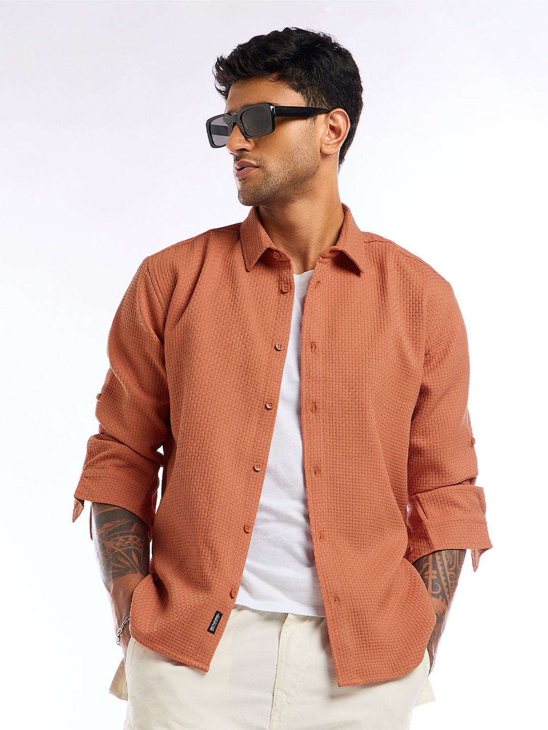 

Beyoung Men Spread Collar Solid Cotton Casual Shirt, Orange