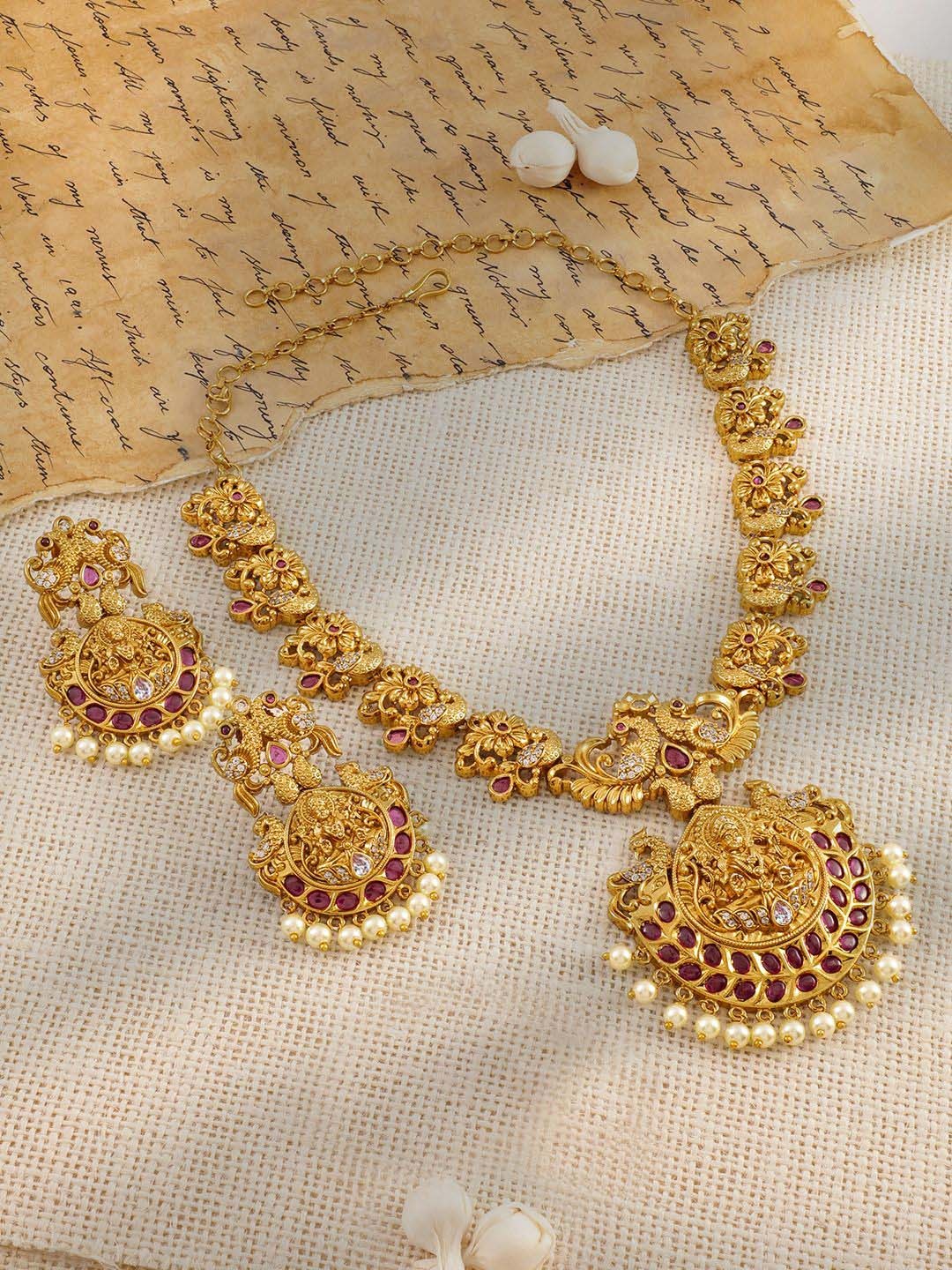 

Rubans 22K Gold-Plated Stone Studded & Beaded Divine Lakshmi Temple Jewellery Set