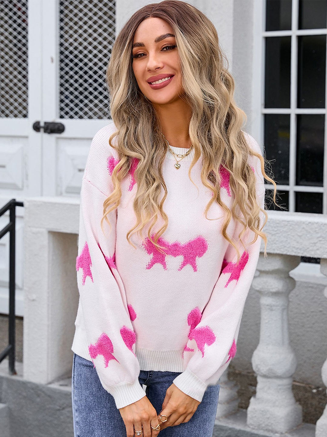 

LULU & SKY Women Ribbed Self Design Round Neck Pullover Sweater, White