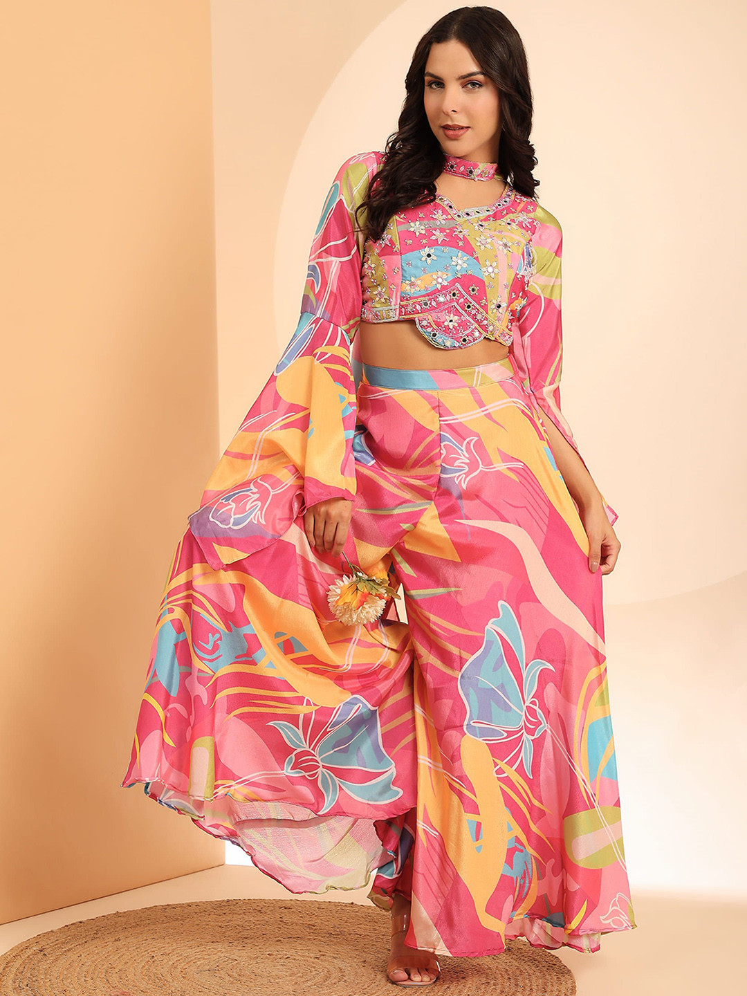 

AMOHA TRENDZ Women Printed Crop Top & Palazzo With Dupatta Co-Ords, Pink
