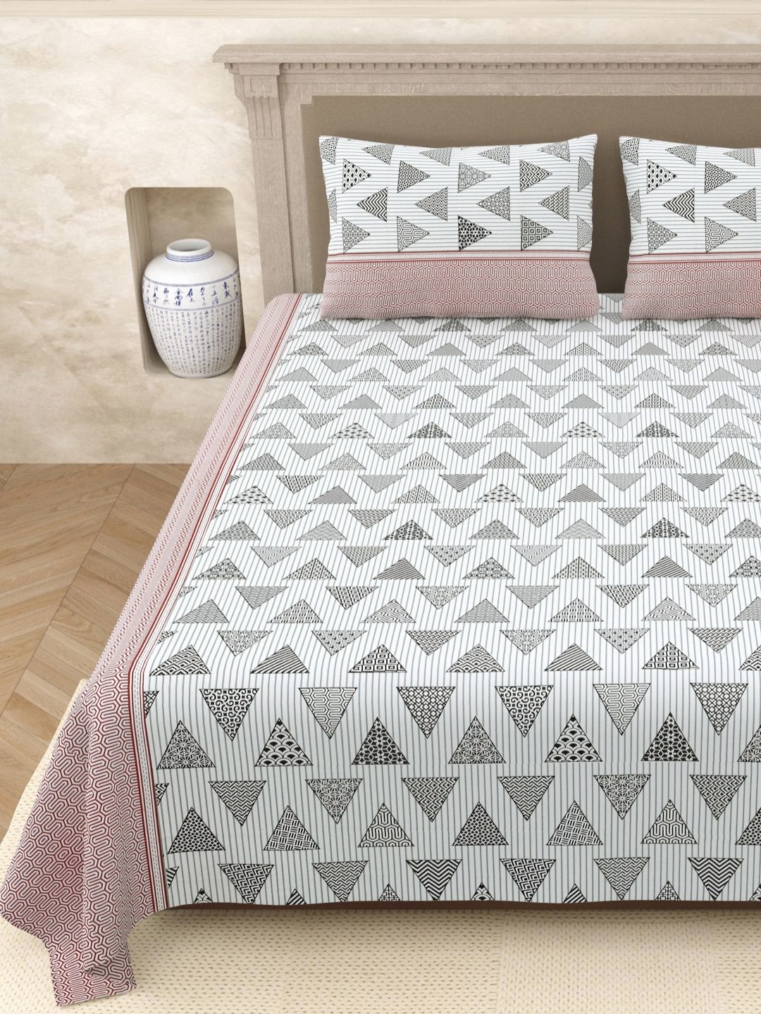 

Aura Elegant White Geometric Jaipuri Print Pure Cotton 210 TC Queen Bedsheet Set