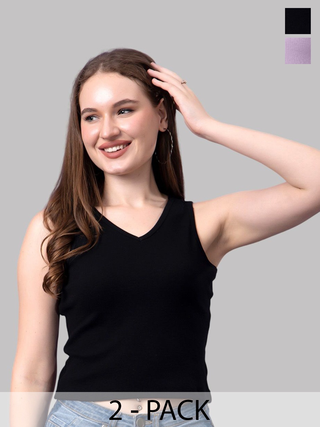 

Friskers Women Pack Of 2 Solid V-Neck Cotton Tops, Black