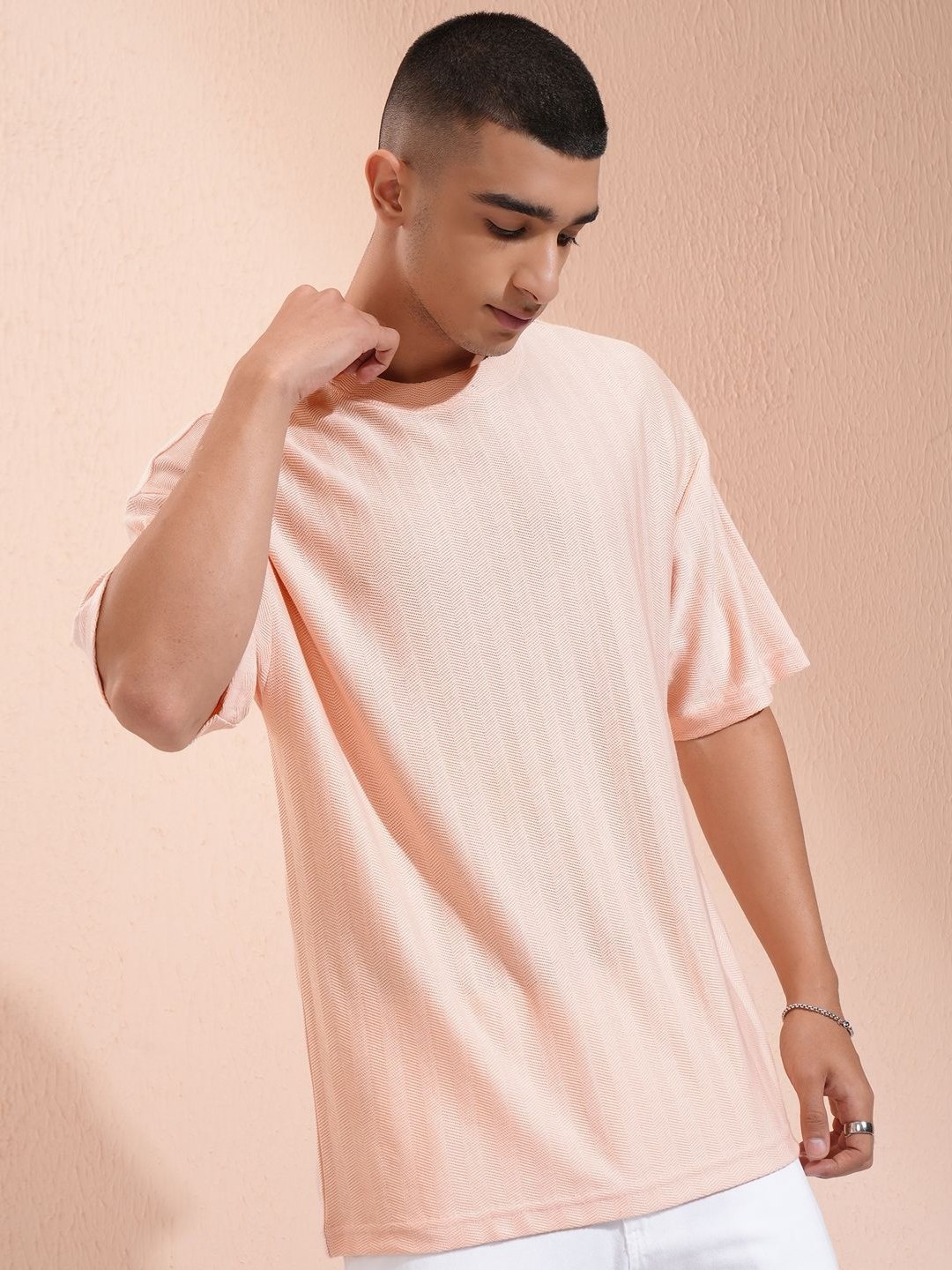 

HIGHLANDER Men Self Design Round Neck Cotton Oversized T-shirt, Peach