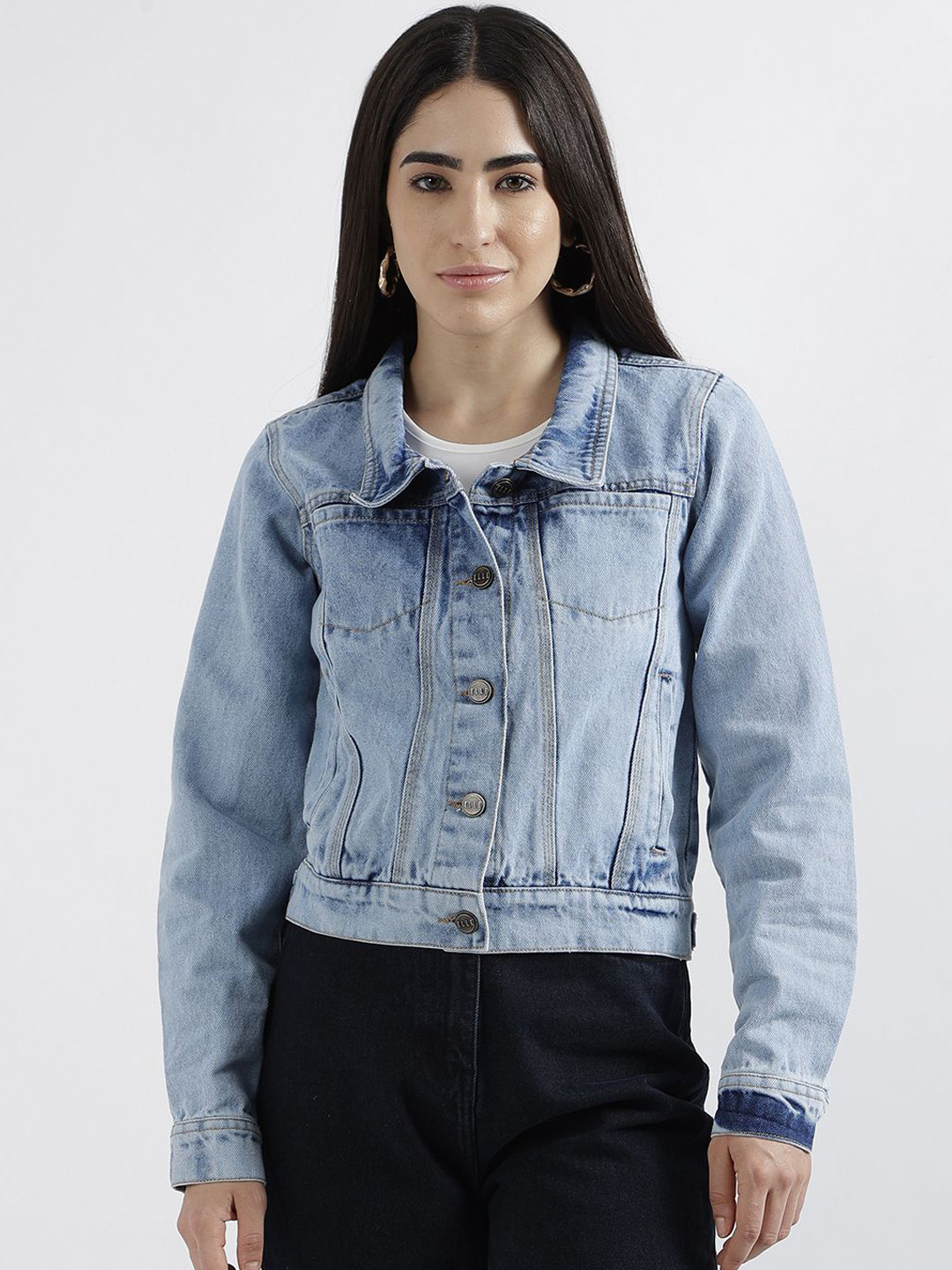 

ELLE Women Spread Collar Washed Self Design Cotton Casual Denim Jacket, Blue