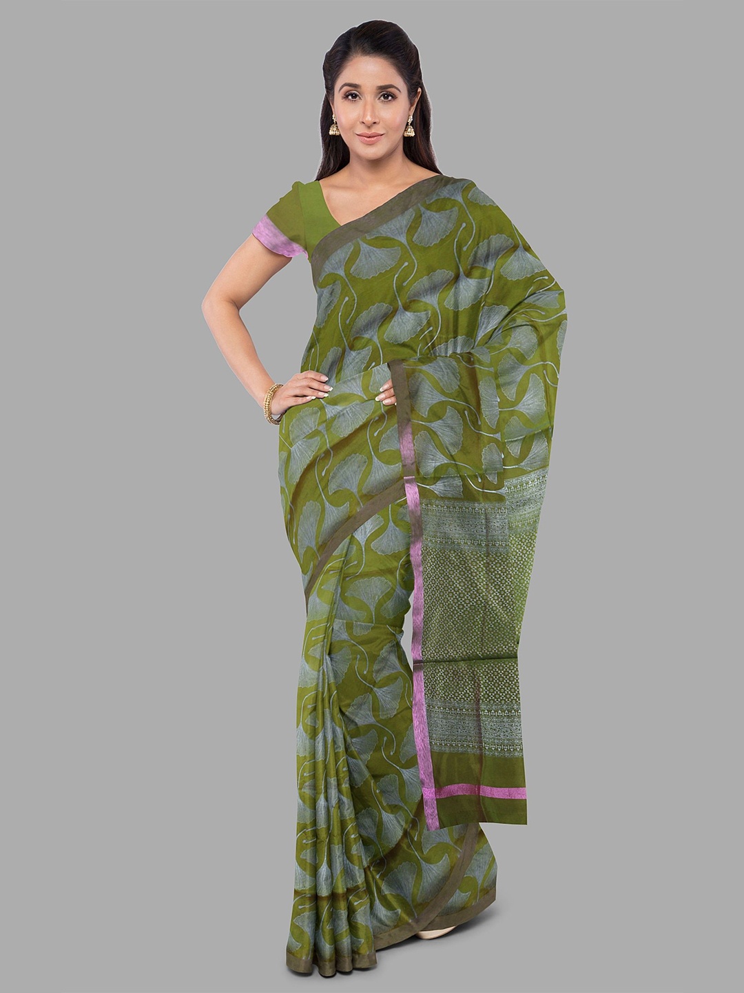 

The Chennai Silks Floral Printed Zari Kovai Saree, Green