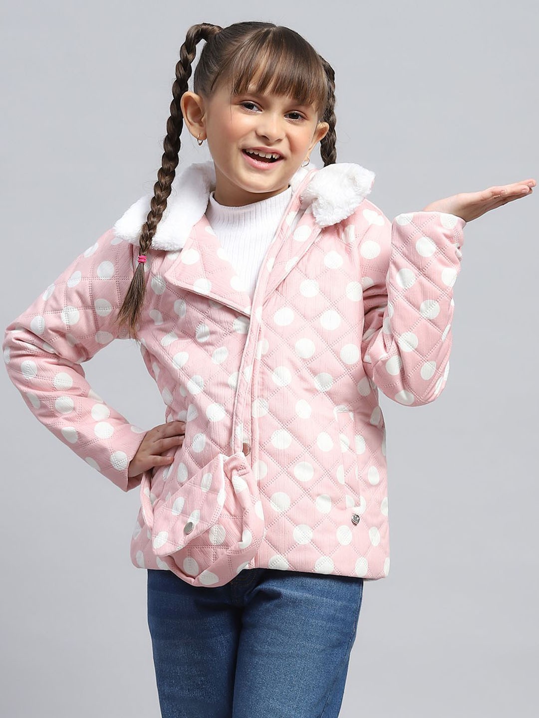 

Monte Carlo Girls Lapel Collar Polka Dots Printed Casual Padded Jacket, Pink