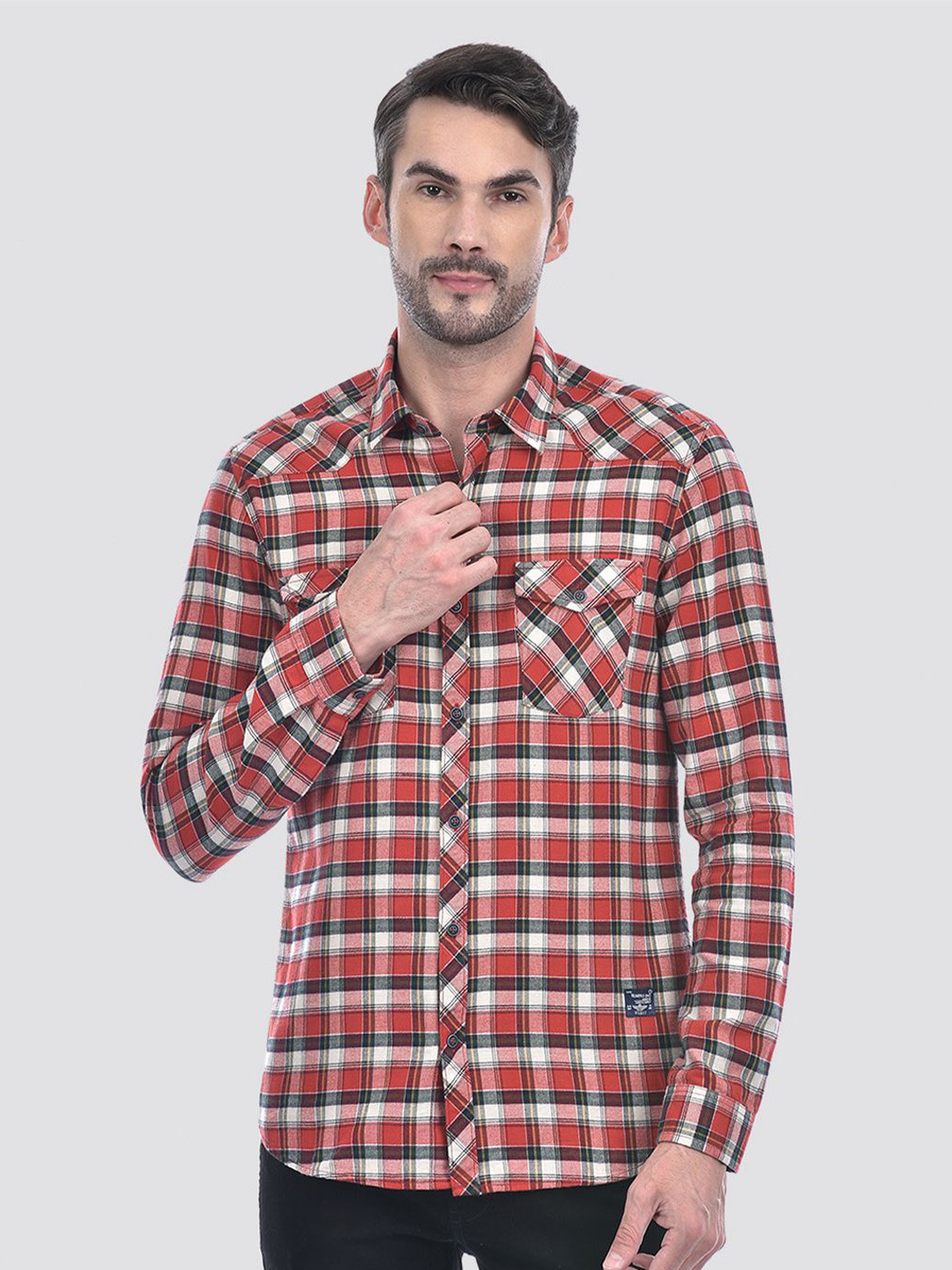 

Numero Uno Men Spread Collar Tartan Checked Cotton Slim Fit Casual Shirt, Red
