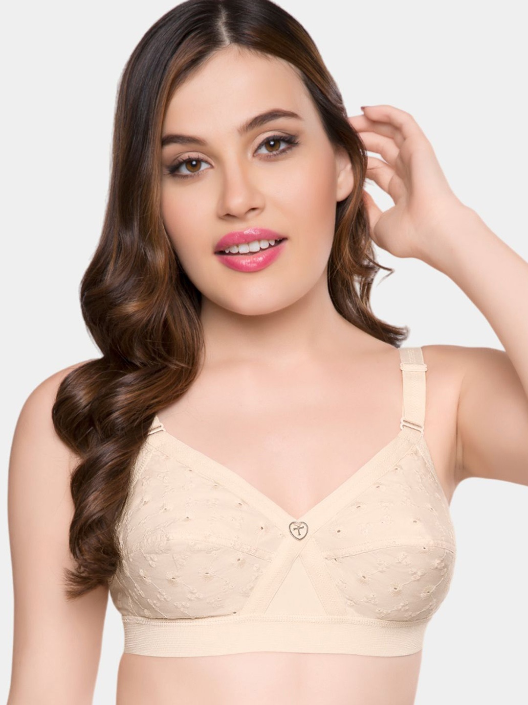 

Trylo Krutika Chikan Pure Cotton Non-Padded Non-Wired Full Coverage Bra, Beige