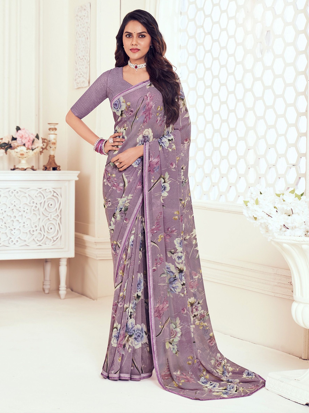 

Laxmipati Floral Print Poly Georgette Saree, Purple