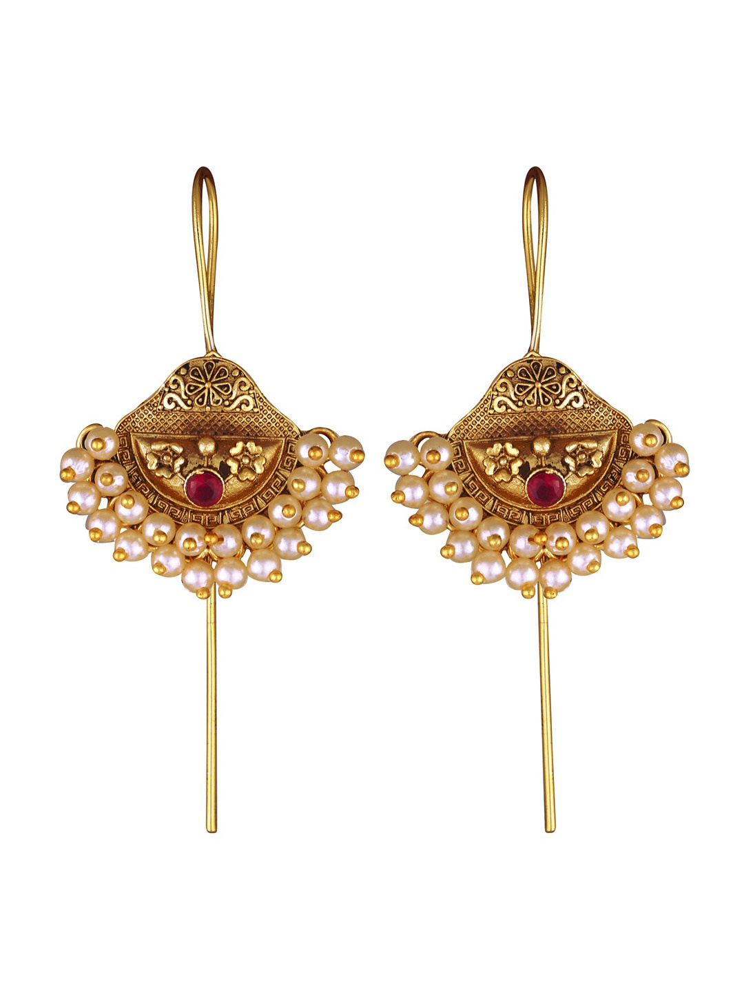 

Vighnaharta Gold-Plated Pearls Studded Floral Chandelier Ear Cuff Earrings, Red