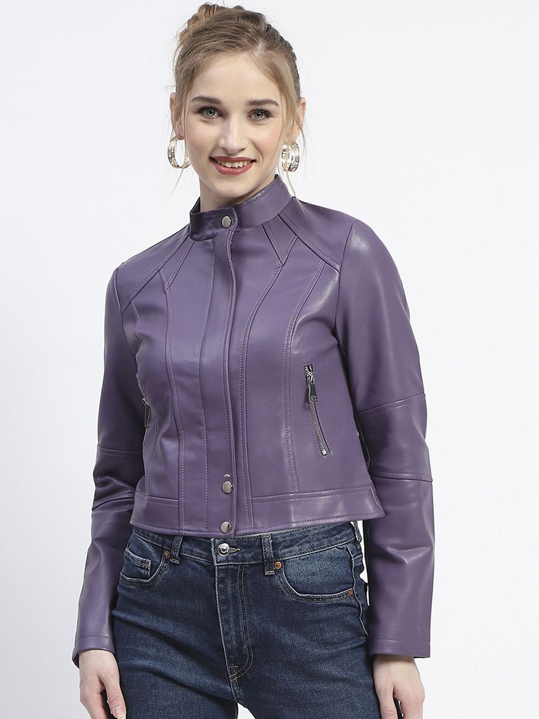 

Madame Women Mandarin Collar Solid Casual Leather Jacket, Purple