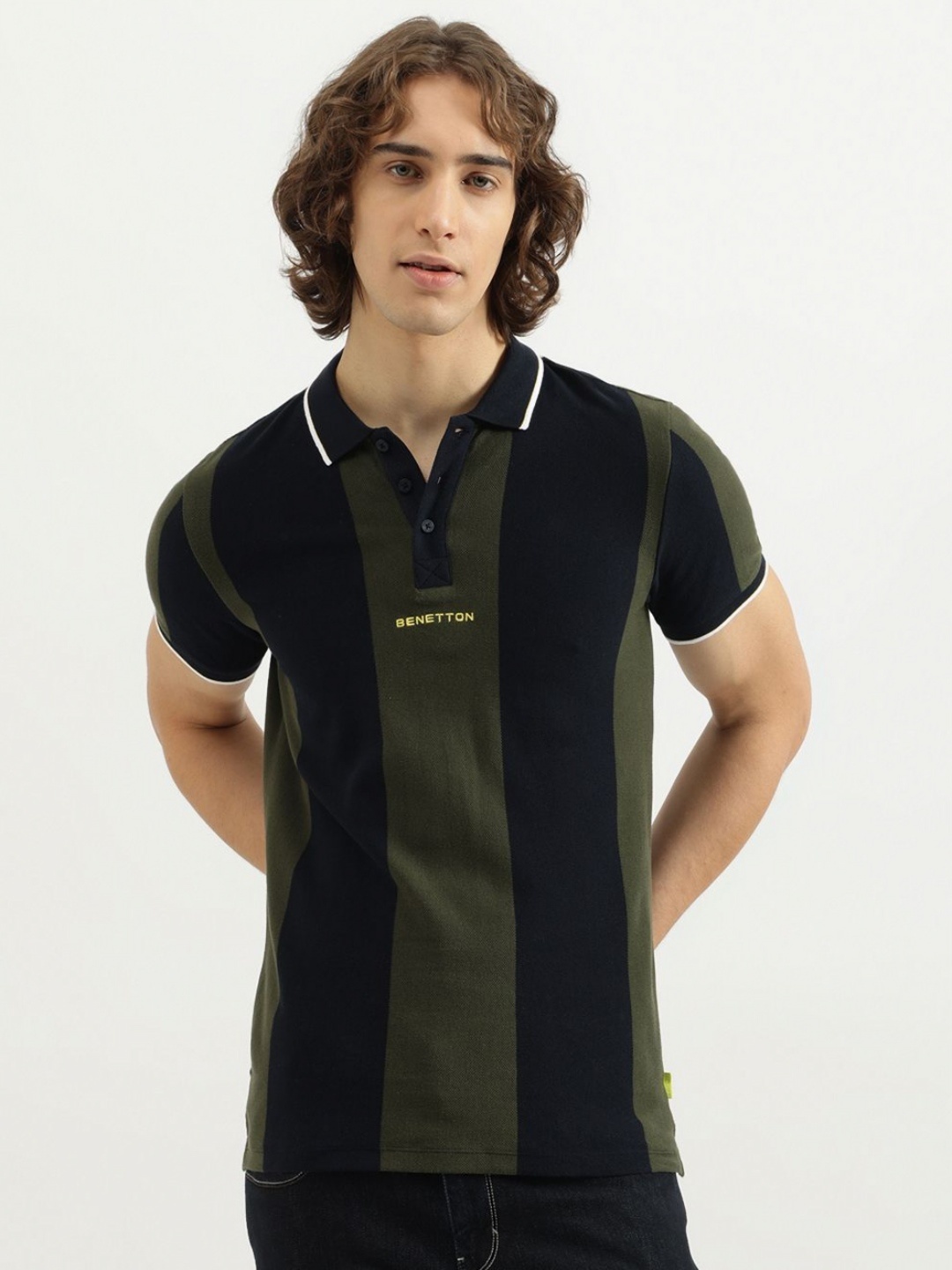 

United Colors of Benetton Men Striped Polo Collar Pure Cotton T-shirt, Blue