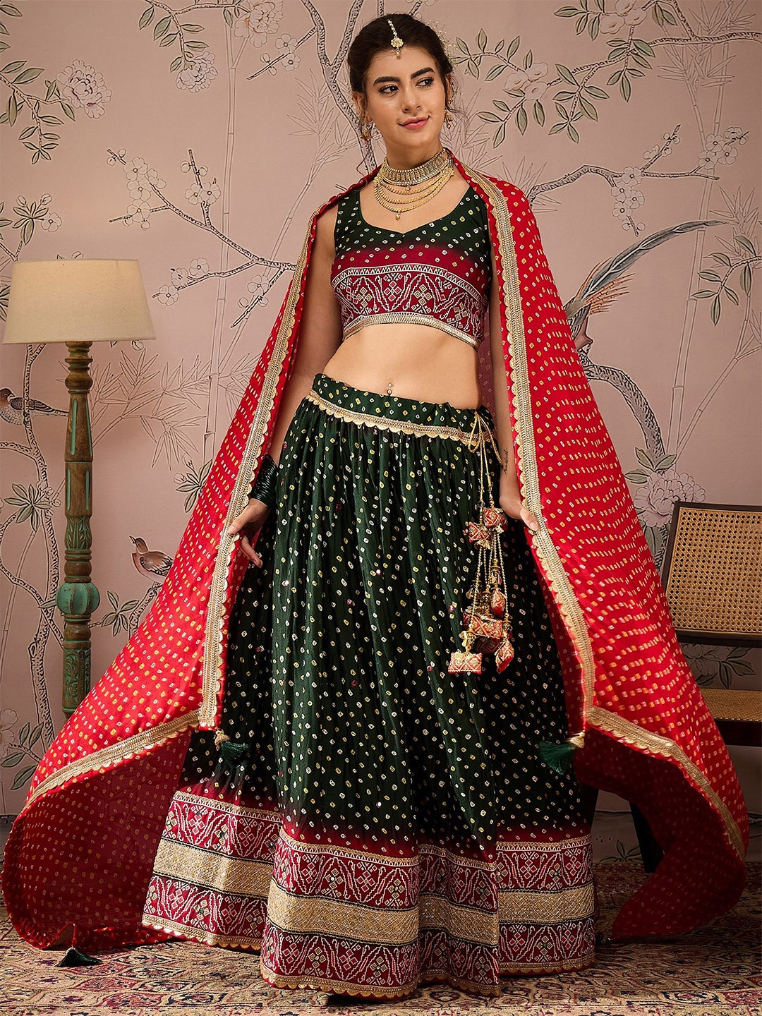 

SHRINGARINI Printed Ready to Wear Lehenga & Unstitched Blouse With Dupatta, Green