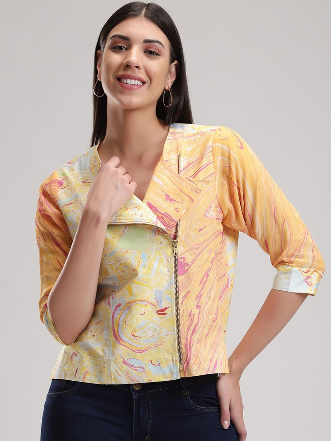 

BETRUE Women Tie and Dye Printed Silk Chiffon Fashion Jacket, Orange