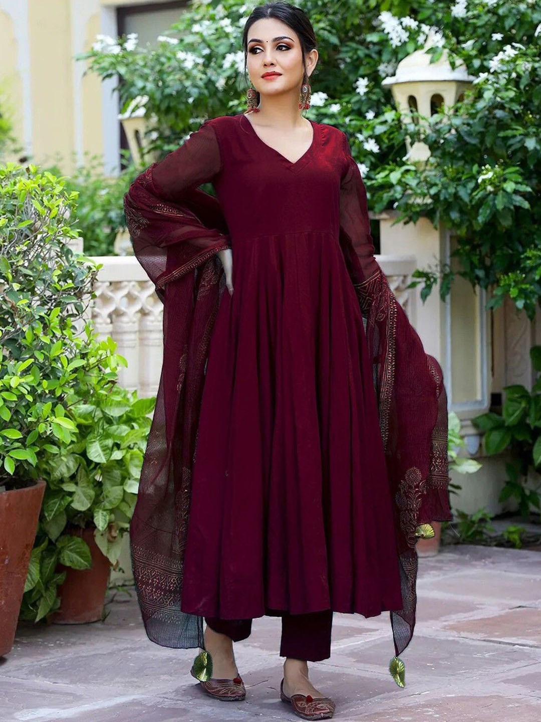 

GoSriKi V-Neck Anarkali Kurta With Trouser & Printed Dupatta, Maroon