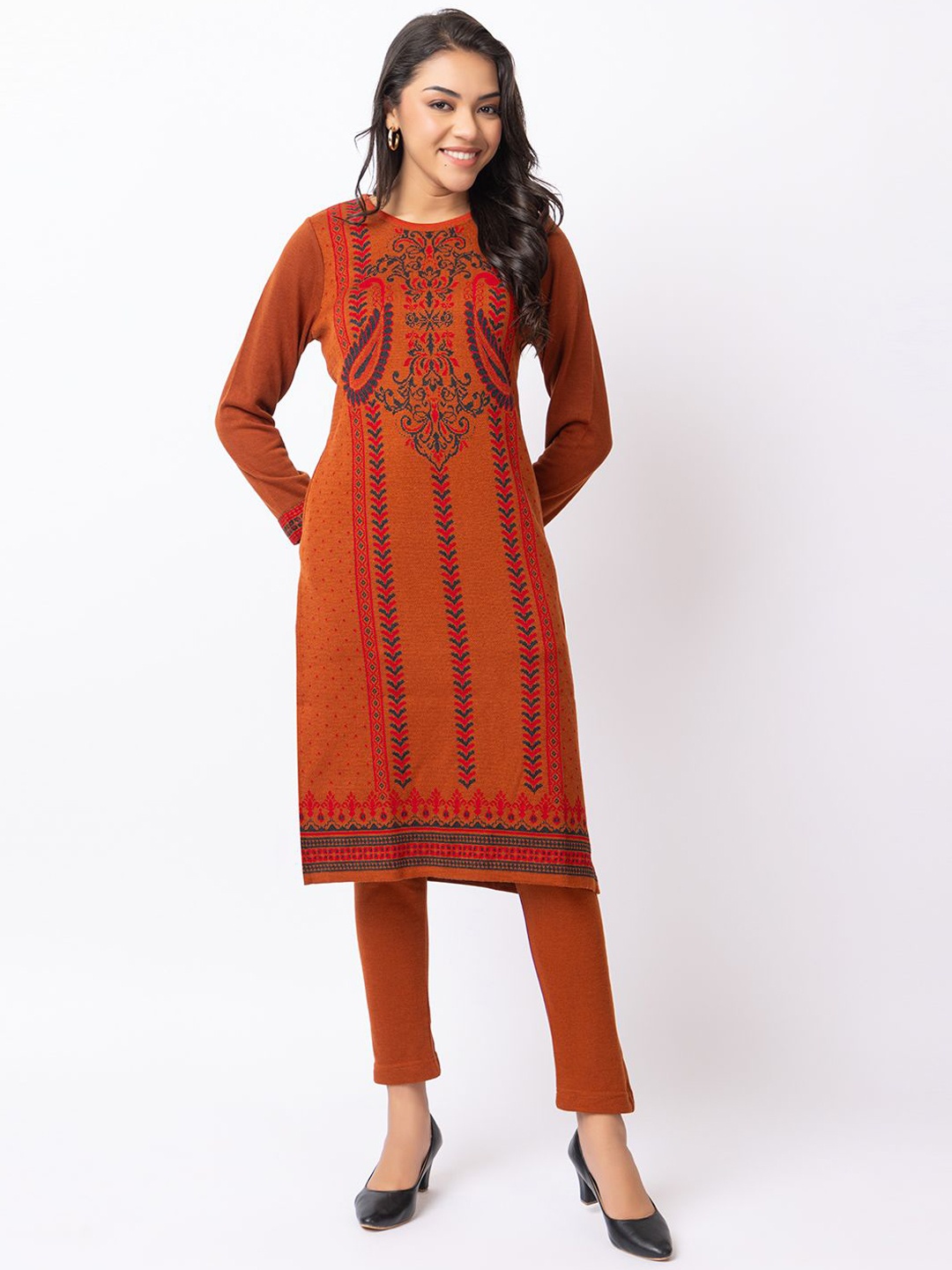 

KEIKO Floral Embroidered Thread Work Straight Kurta, Rust