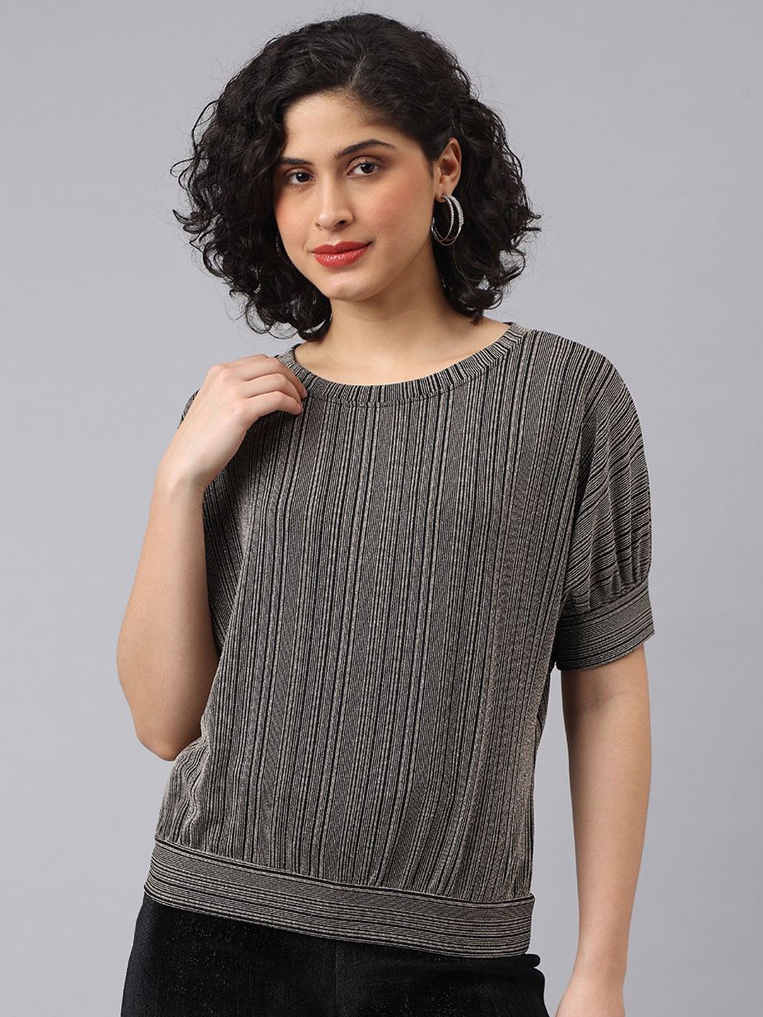 

Latin Quarters Women Vertical Striped Round Neck Nylon Top, Grey