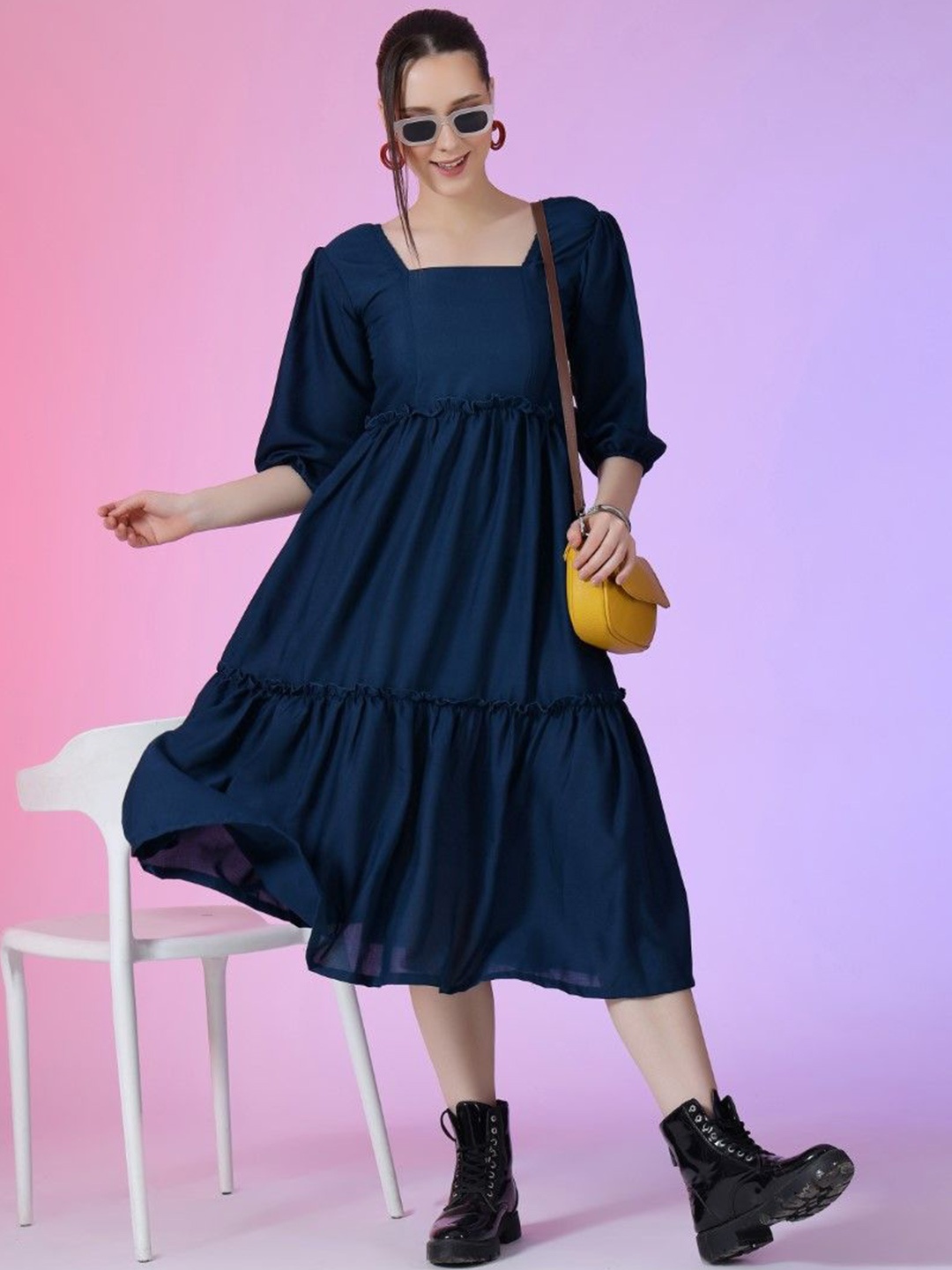 

Femvy Women Solid Puff Sleeve Fit & Flare Midi Dress, Blue