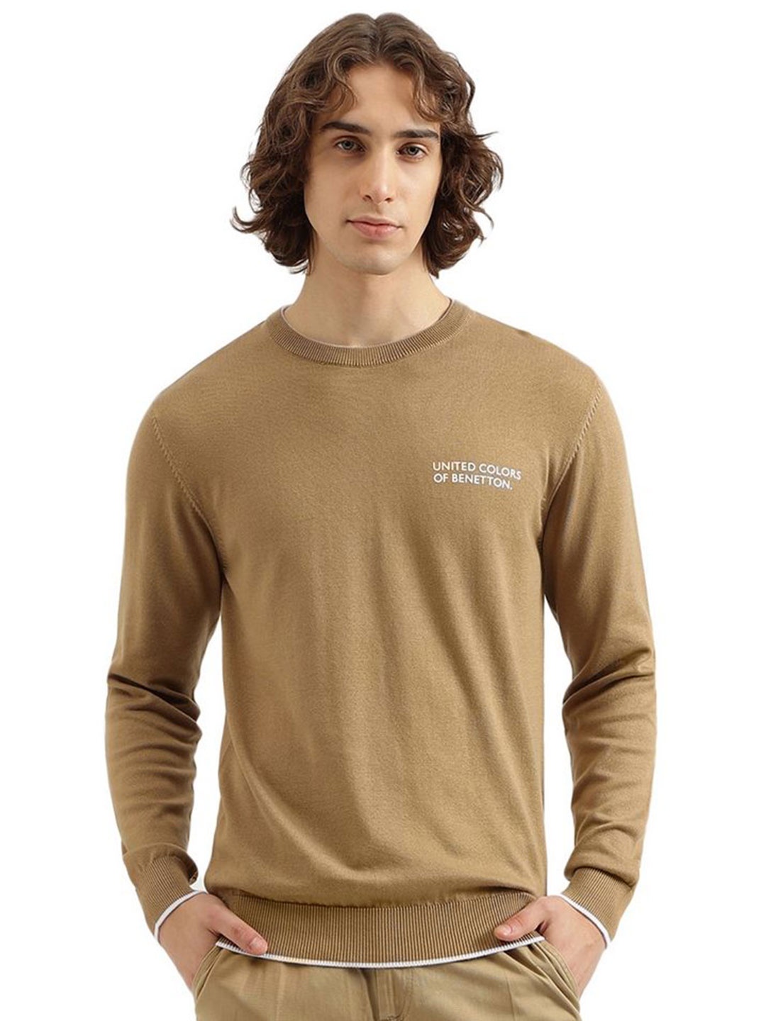 

United Colors of Benetton Men Solid Round Neck Cotton Pullover Sweatshirt, Beige