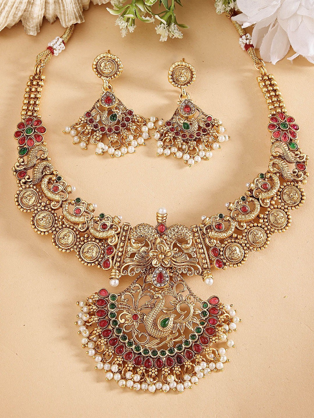 

KARATCART Gold Plated Kundan Studded & Beaded Peacock Design Temple Jewellery Set