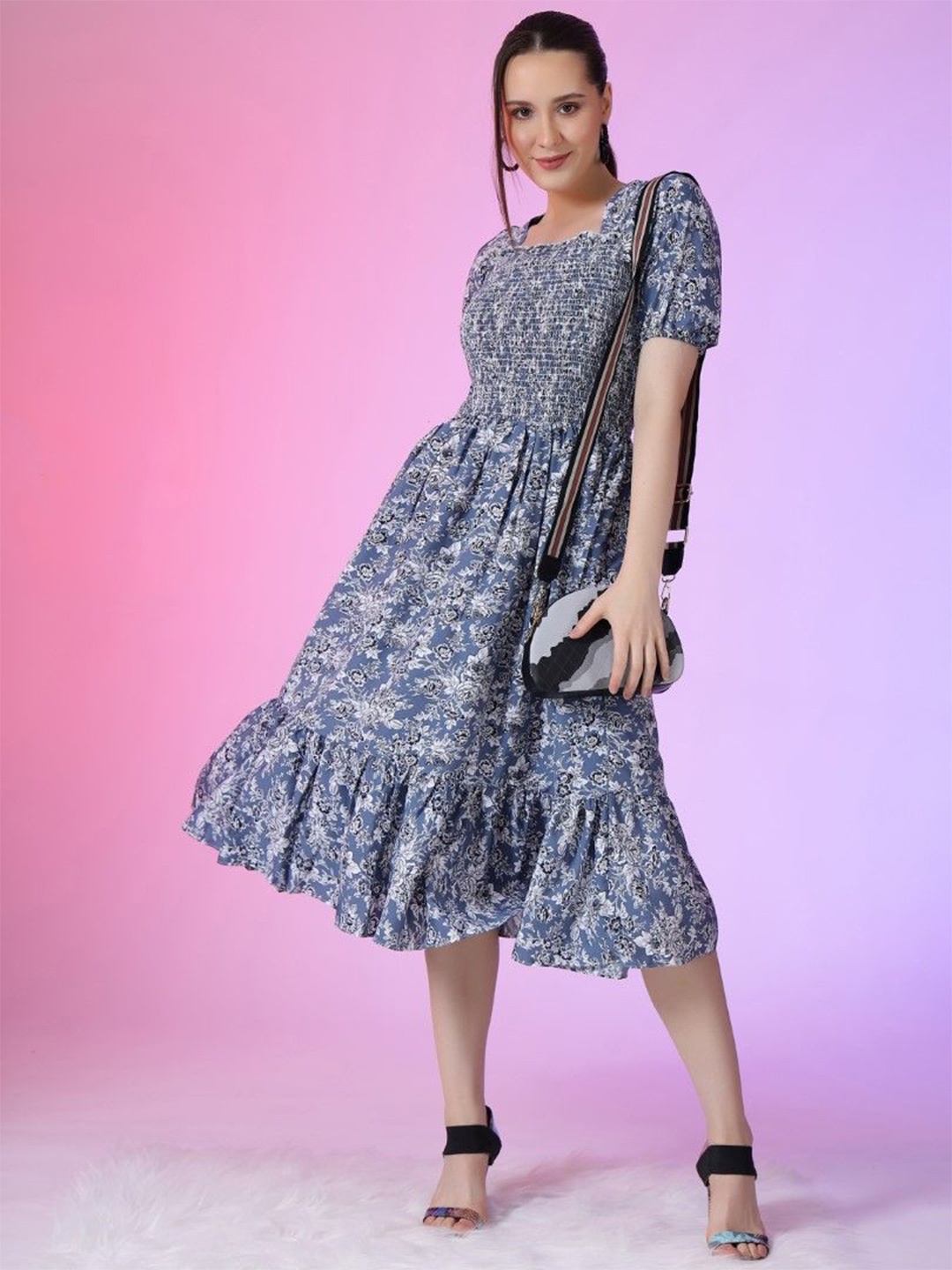 

Femvy Print Puff Sleeve Applique Fit & Flare Dress, Blue