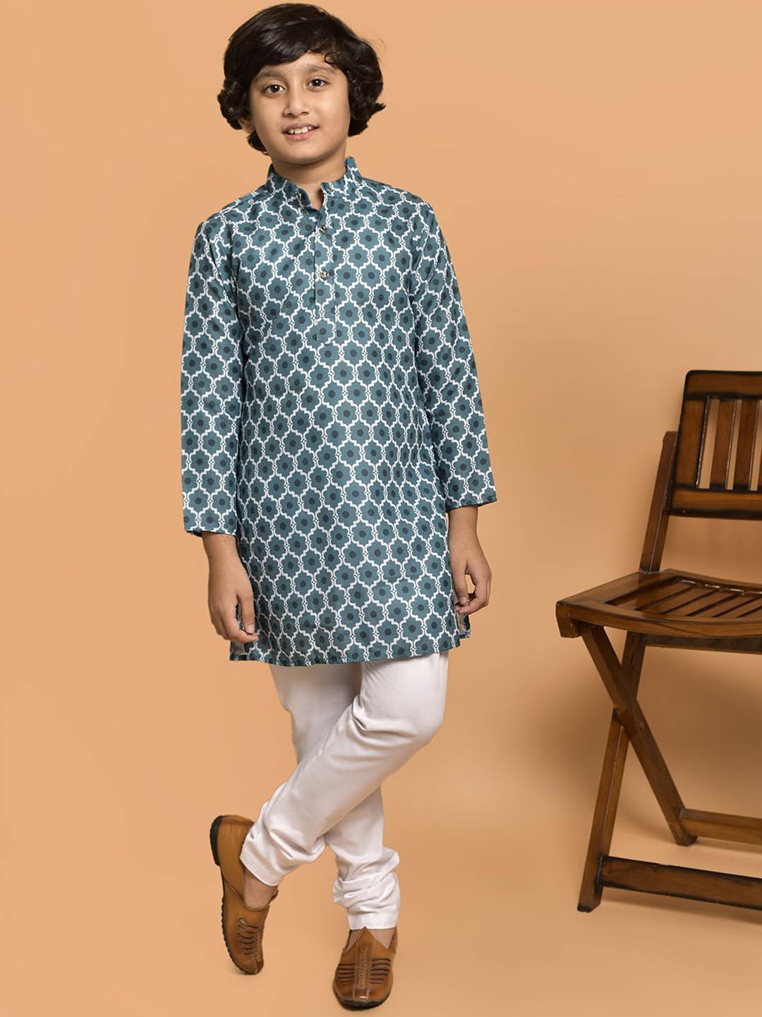 

PRINTCULTR Boys Geometric Printed Band Collar Cotton Straight Kurta, Blue
