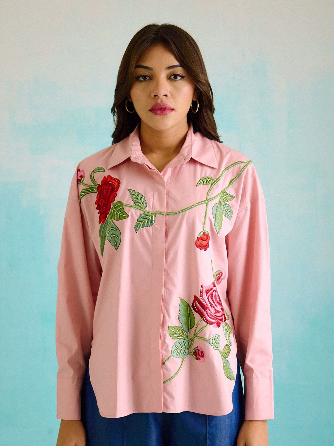 

BETRUE Women Spread Collar Floral Printed Cotton Oversized Casual Shirt, Pink