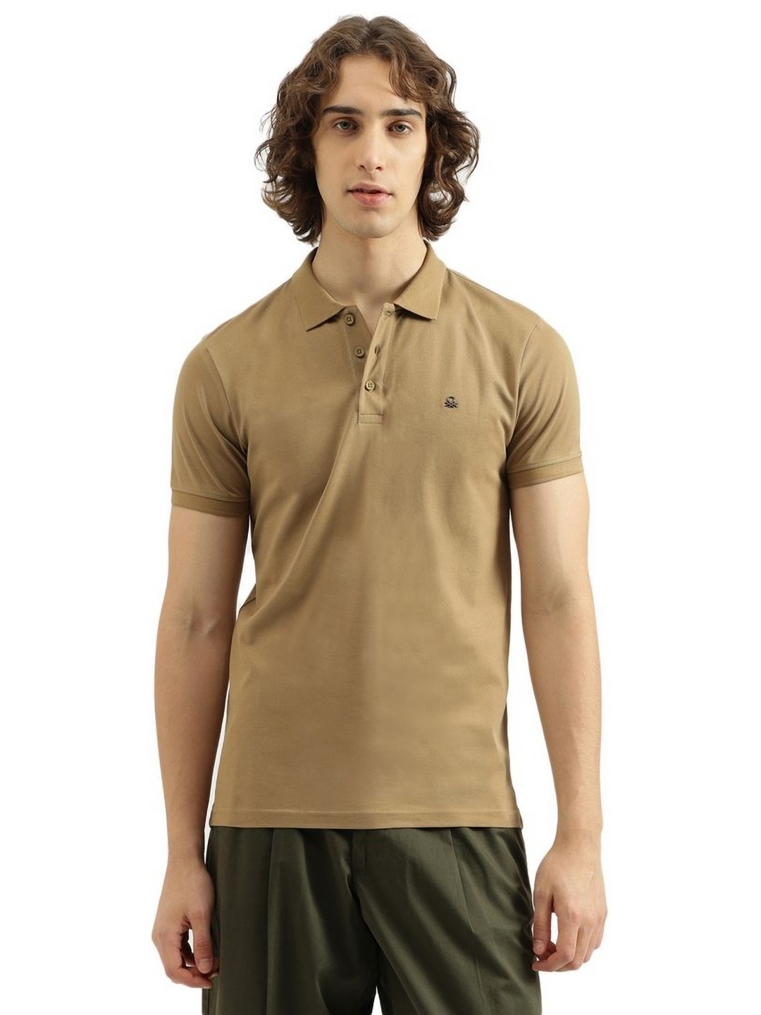 

United Colors of Benetton Men Solid Polo Collar Pure Cotton T-shirt, Beige