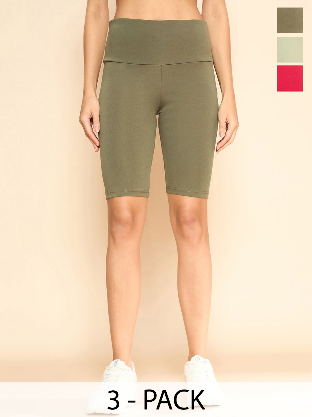 

COLOR CAPITAL Women Pack Of 3 High Waisted Cycling Shorts, Olive