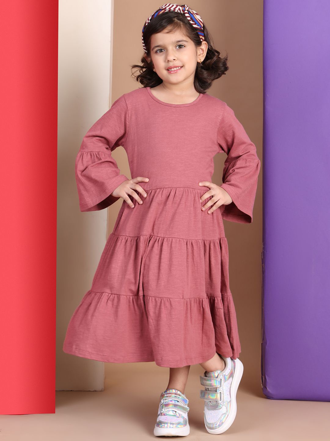 

Baawri Flared Sleeve A-Line cotton Dress, Rose