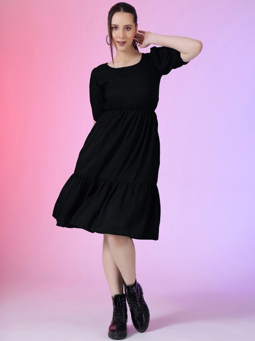 

Raiyani Enterprise Women Puff Sleeve Gathered or Pleated Fit & Flare Dress, Black