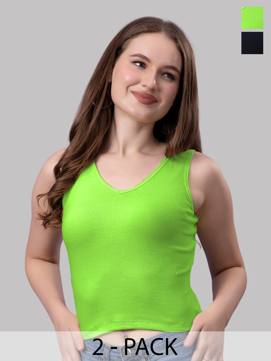 

Friskers Women Pack Of 2 Solid V-Neck Cotton Tops, Fluorescent green