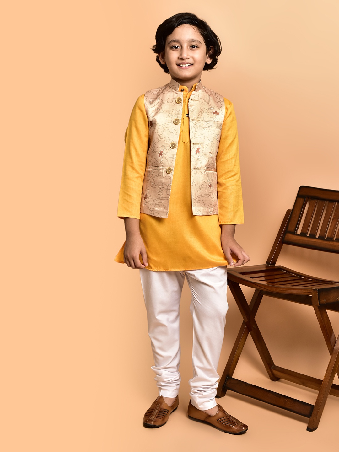 

PRINTCULTR Boys Mandarin Collar Straight Kurta with Churidar & Nehru jacket, Yellow